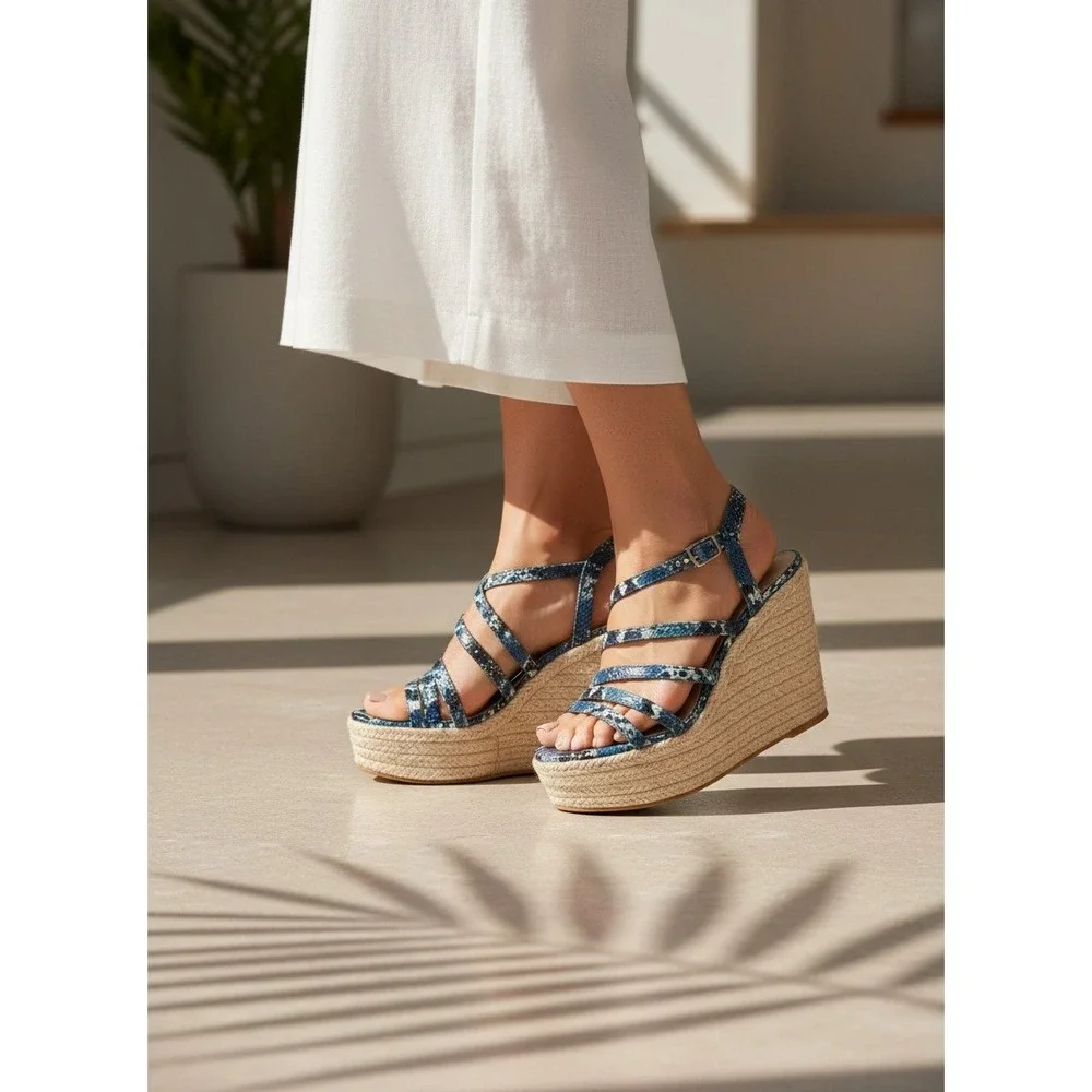 Pelle Moda Espadrille Wedge Sandals Platform Strappy Womens 6.5 M Blue Snakeskin